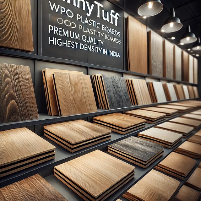 DALL·E 2024-11-14 09.53.41 - High-quality WPC (Wood Plastic Composite) boards displayed in a showroom setting. The boards have a smooth, polished surface with wood grain textures